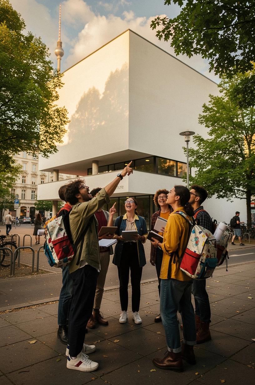 Luftaufnahme einer modernen Bauhaus-Architektur mit klaren Linien, verbunden durch eine Route zu Designmuseen und historischen Wohnanlagen in Deutschland.